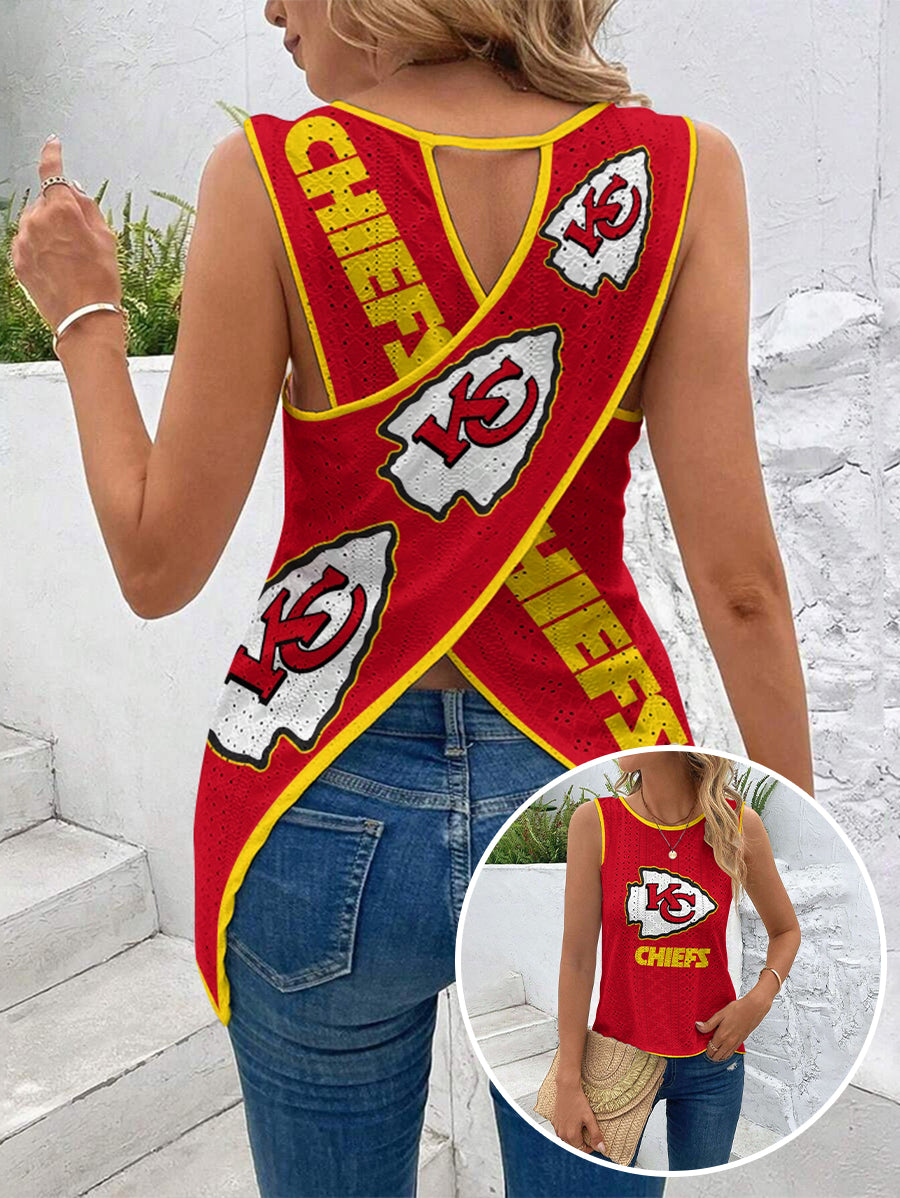 Chiefs Cut Out Wrap Cross Wrap Back Asymmetrical Beach Tank Top