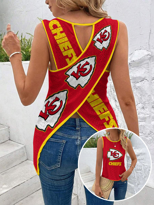 Chiefs Cut Out Wrap Cross Wrap Back Asymmetrical Beach Tank Top
