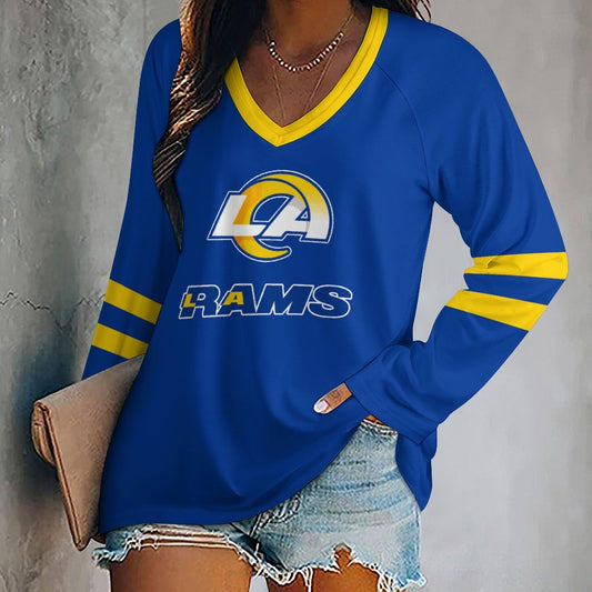 Los Angeles Rams Women's V-neck Double-layered Long-sleeved Loose T-shirt