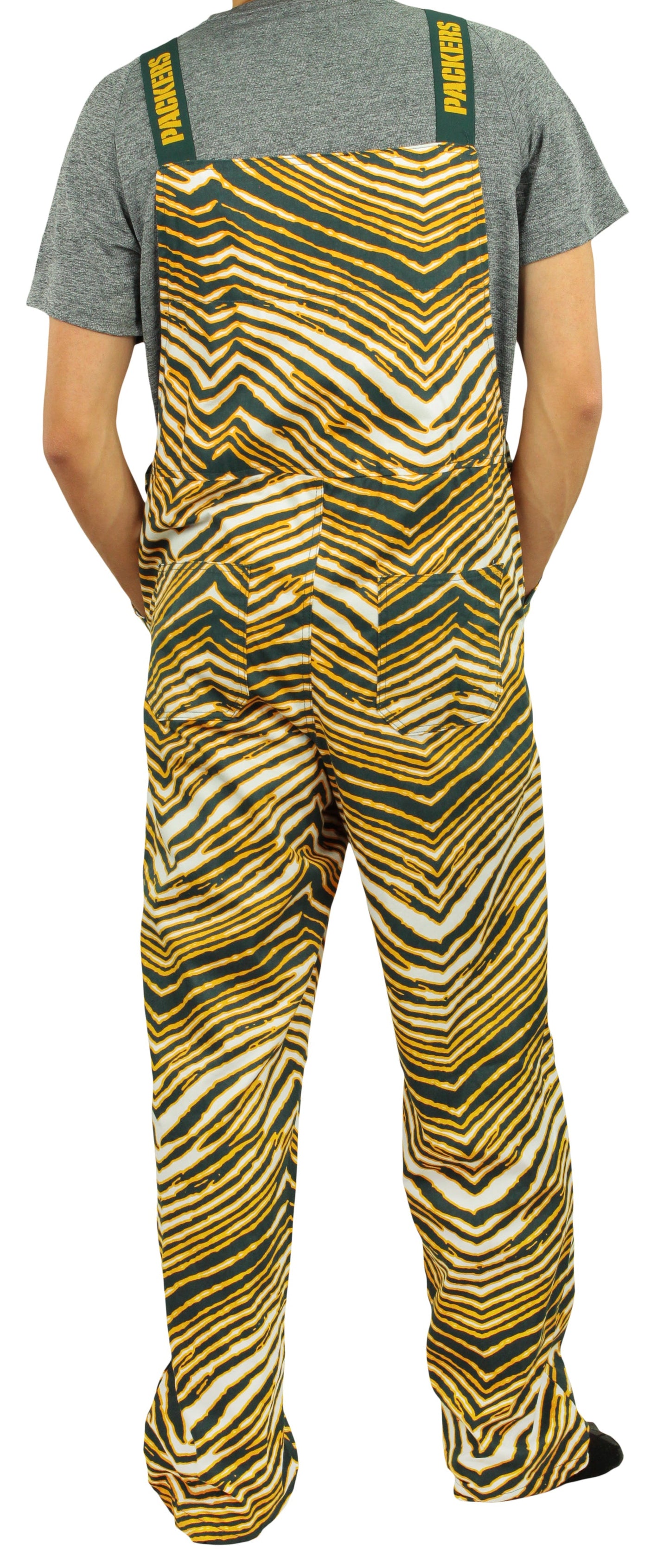 Zubaz NFL Unisex Zebra Lined Bib Overalls for Adult Men and Women, Green Bay Packers