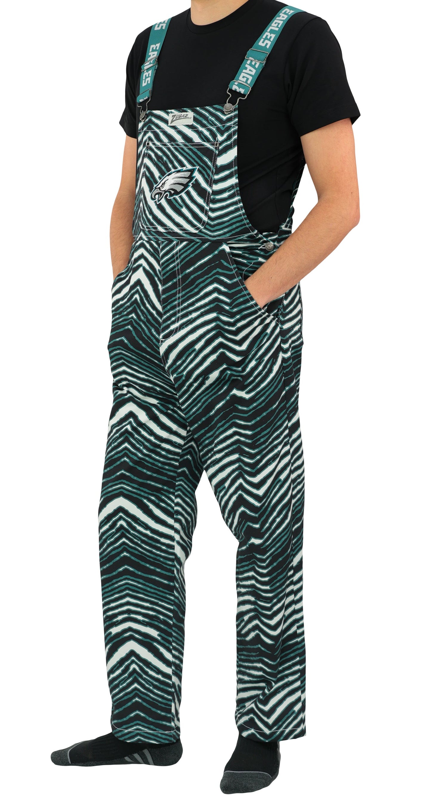 Zubaz NFL Unisex Zebra Lined Bib Overalls for Adult Men and Women, Philadelphia Eagles