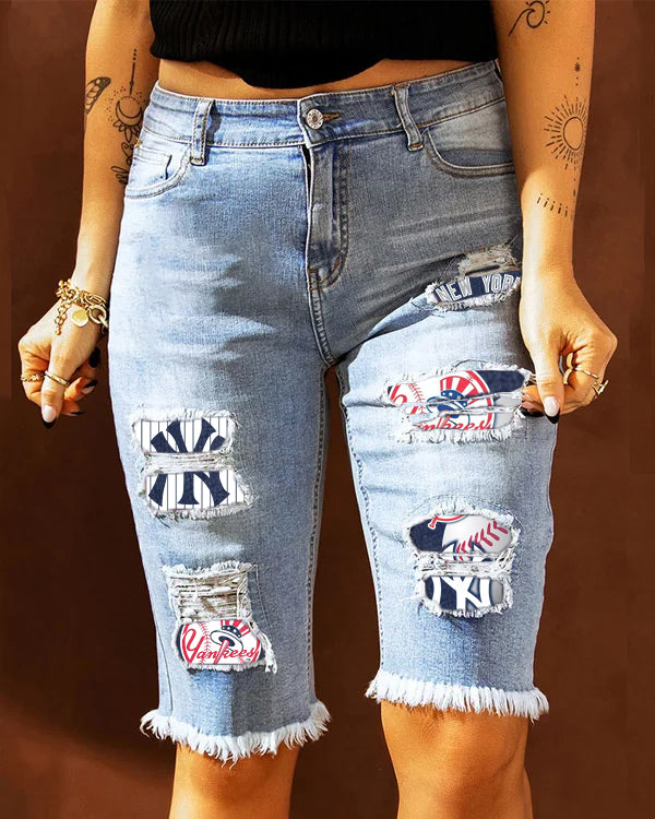 MID-RISE RIPPED PATCHES DENIM BERMUDA SHORTS
