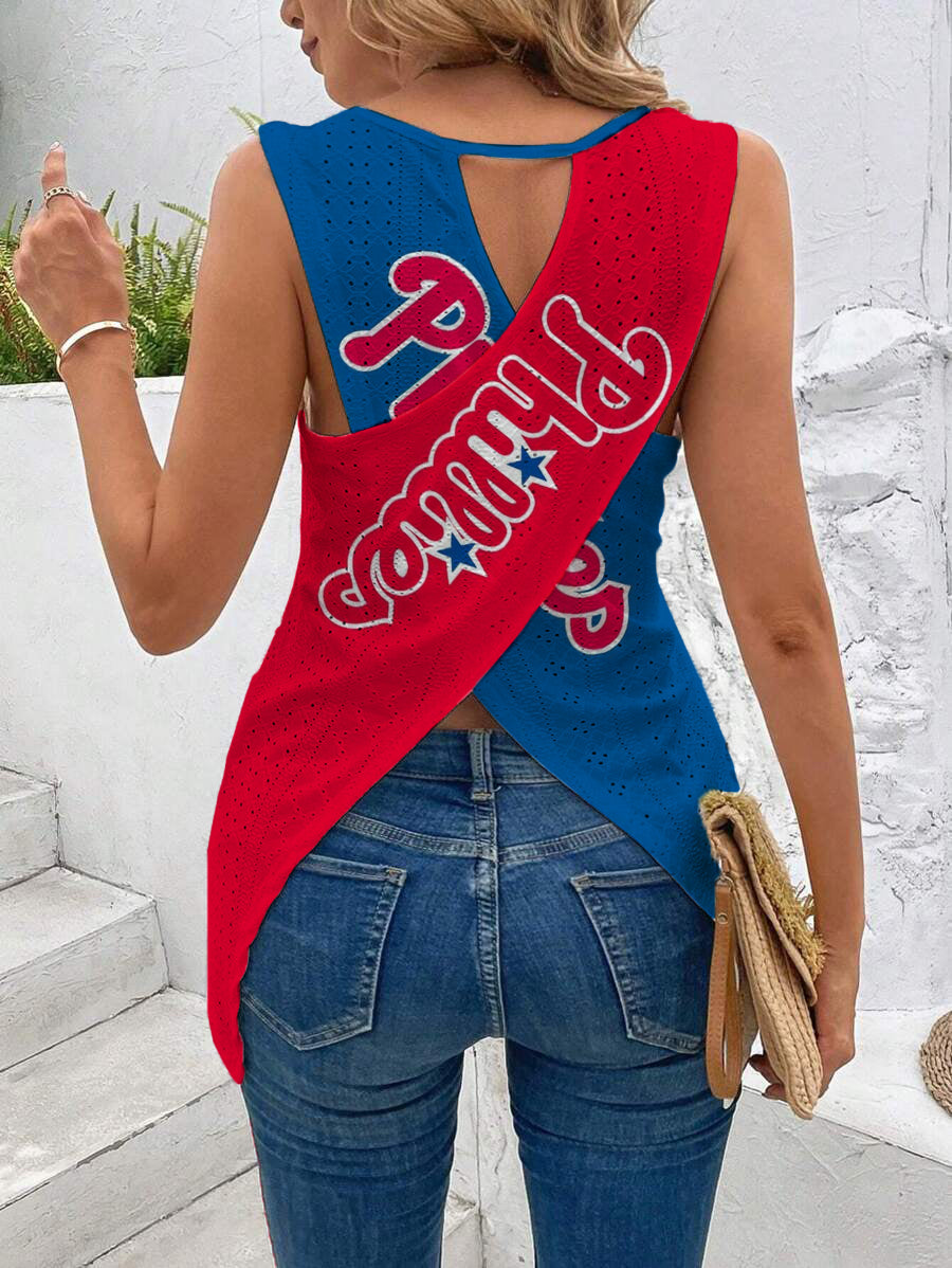 Phillies Cut Out Wrap Cross Wrap Back Asymmetrical Beach Tank Top