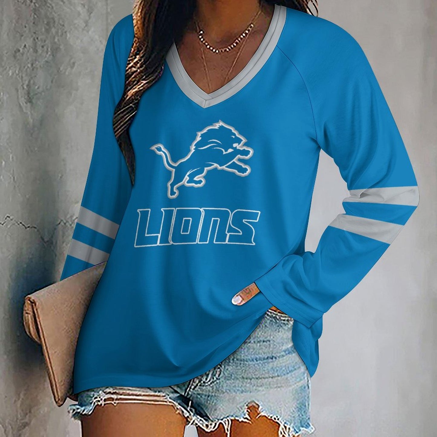 Detroit Lions Women's V-neck Double-layered Long-sleeved Loose T-shirt