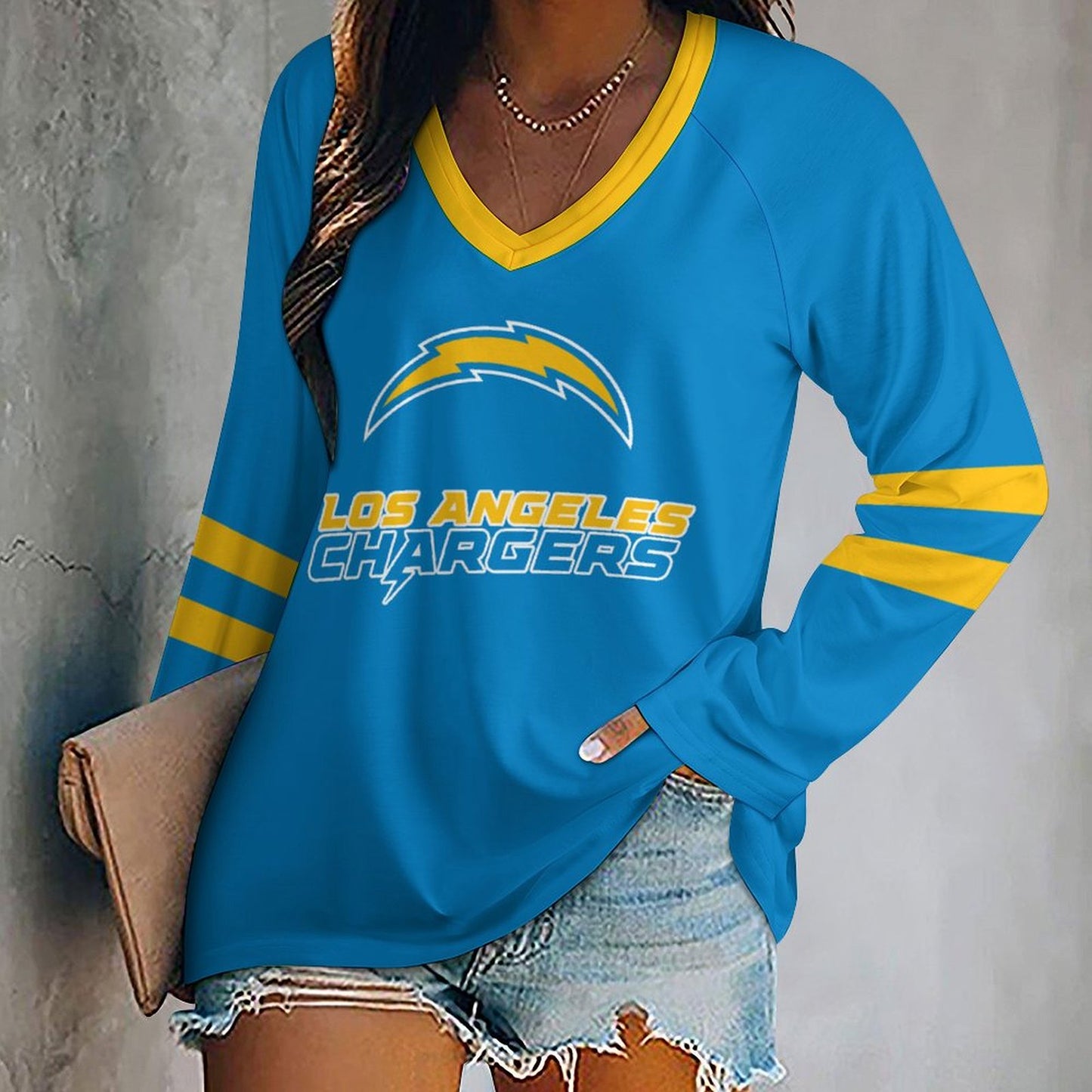 Los Angeles Chargers Women's V-neck Double-layered Long-sleeved Loose T-shirt