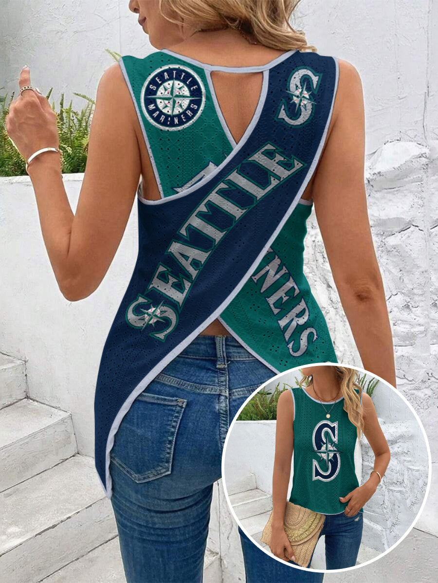 Seattle Mariners Cut Out Wrap Cross Wrap Back Asymmetrical Beach Tank Top