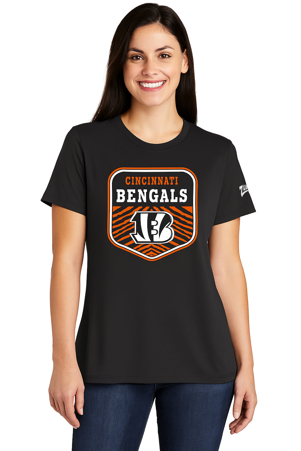 Zubaz NFL Women's Kicker Team Color Short Sleeve T-Shirt, Cincinnati Bengals