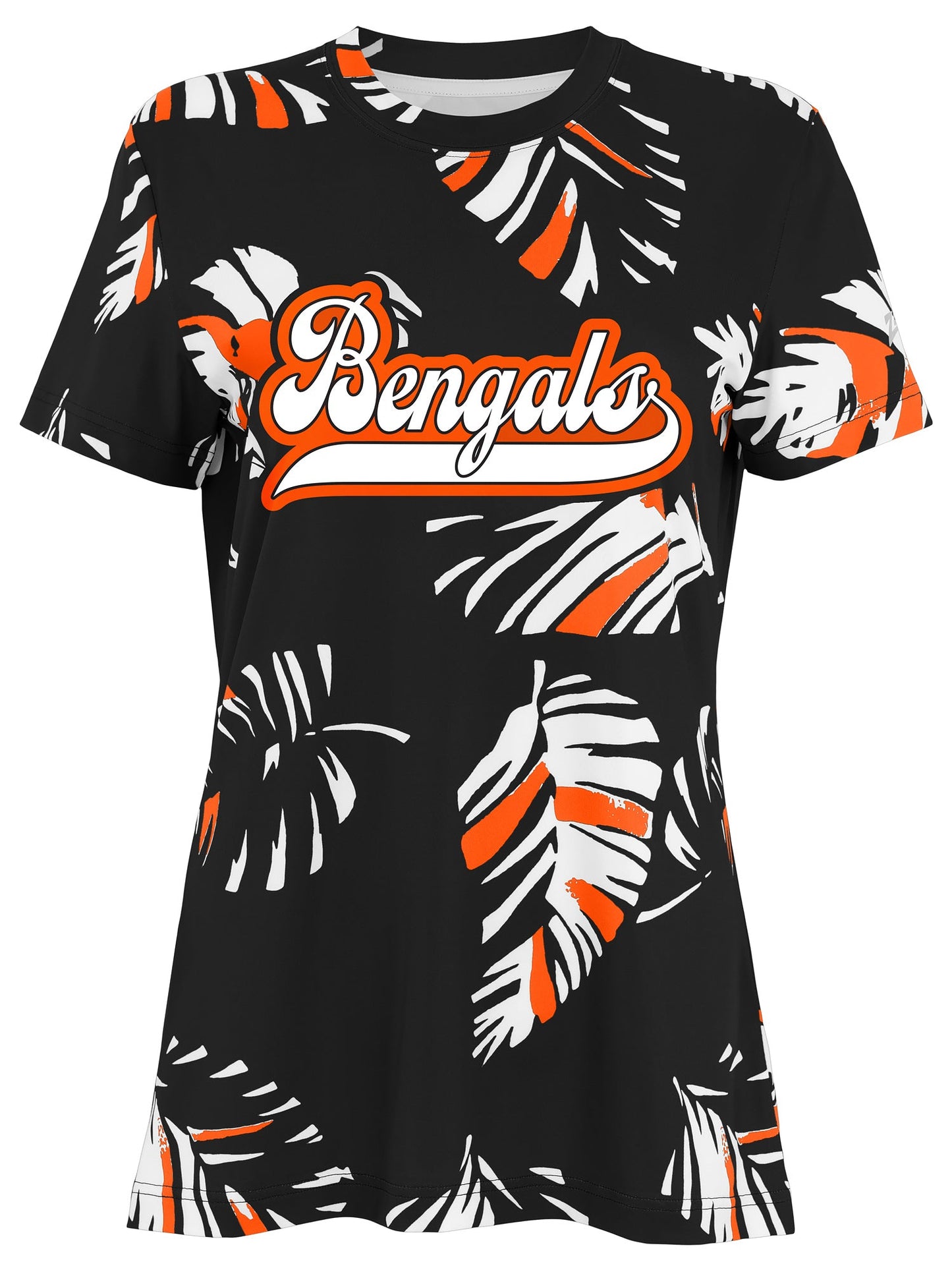 Zubaz NFL Womens Leaf Team Color Script Short Sleeve T-Shirt, Cincinnati Bengals