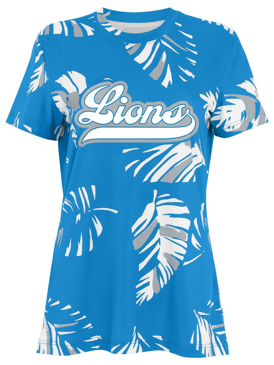 Zubaz NFL Womens Leaf Team Color Script Short Sleeve T-Shirt, Detroit Lions