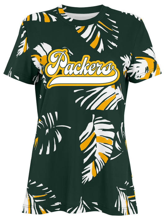 Zubaz NFL Womens Leaf Team Color Script Short Sleeve T-Shirt, Green Bay Packers