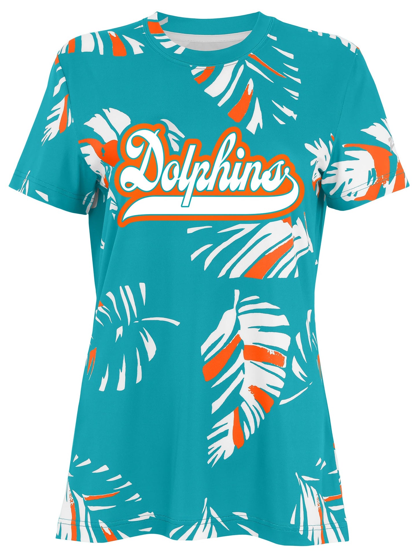 Zubaz NFL Womens Leaf Team Color Script Short Sleeve T-Shirt, Miami Dolphins