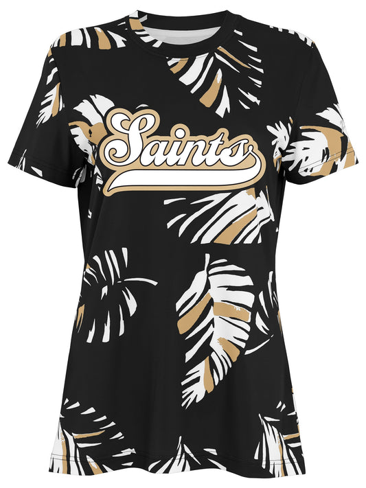 Zubaz NFL Womens Leaf Team Color Script Short Sleeve T-Shirt, New Orleans Saints