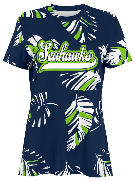 Zubaz NFL Womens Leaf Team Color Script Short Sleeve T-Shirt, Seattle Seahawks