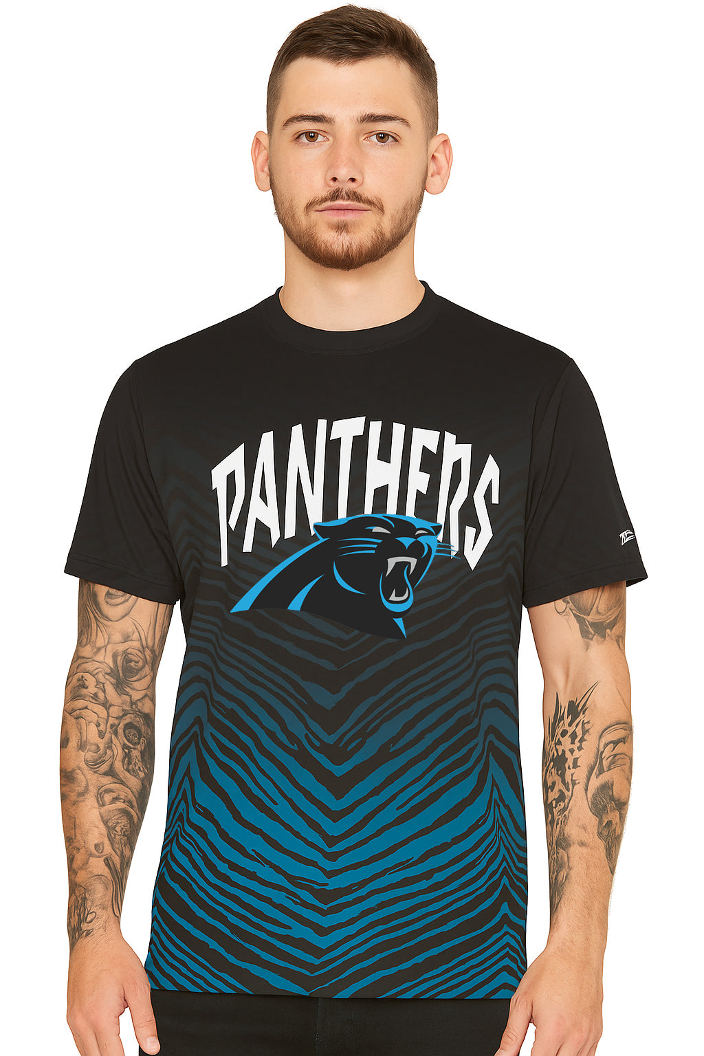 Zubaz NFL Men's Wild Card Zebra Team Color Short SleeveT Shirt, Carolina Panthers