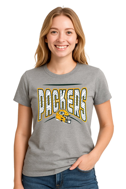 Zubaz NFL Women's Quarterback Heather Gray Color Short Sleeve T-Shirt, Green Bay Packers