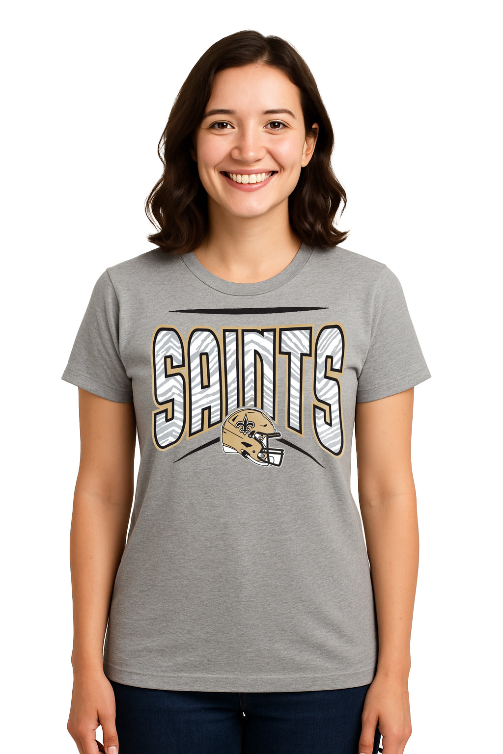 Zubaz NFL Women's Quarterback Heather Gray Color Short Sleeve T-Shirt, New Orleans Saints