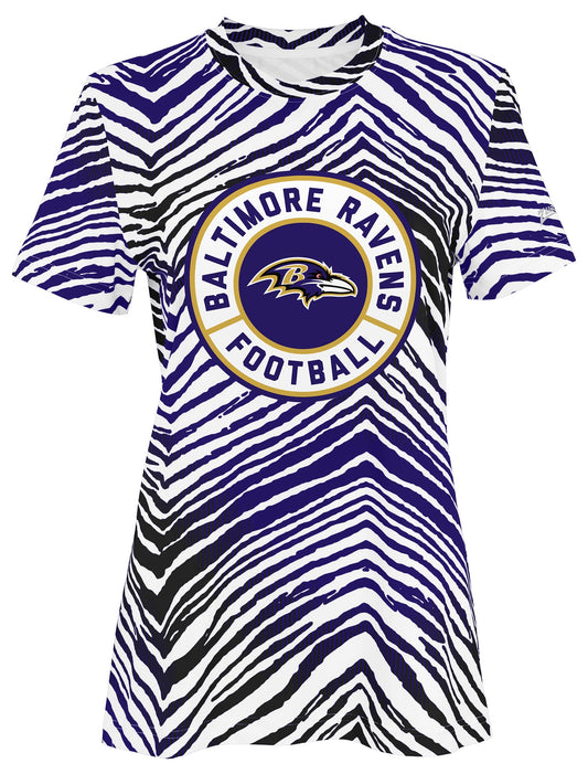 Zubaz NFL Women's Zebra 2 Team Color Circle Logo Short Sleeve T-Shirt, Baltimore Ravens