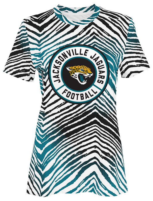 Zubaz NFL Women's Zebra 2 Team Color Circle Logo Short Sleeve T-Shirt, Jacksonville Jaguars