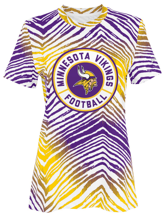 Zubaz NFL Women's Zebra 2 Team Color Circle Logo Short Sleeve T-Shirt, Minnesota Vikings
