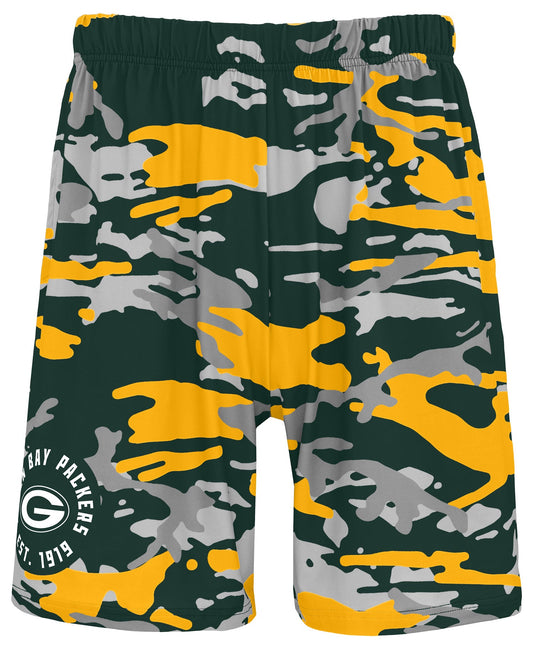 Zubaz NFL Men's 7in Alternate Camo Established Block Text Shorts, Green Bay Packers