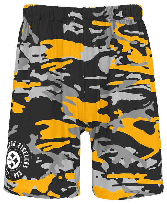 Zubaz NFL Men's 7in Alternate Camo Established Block Text Shorts, Pittsburgh Steelers