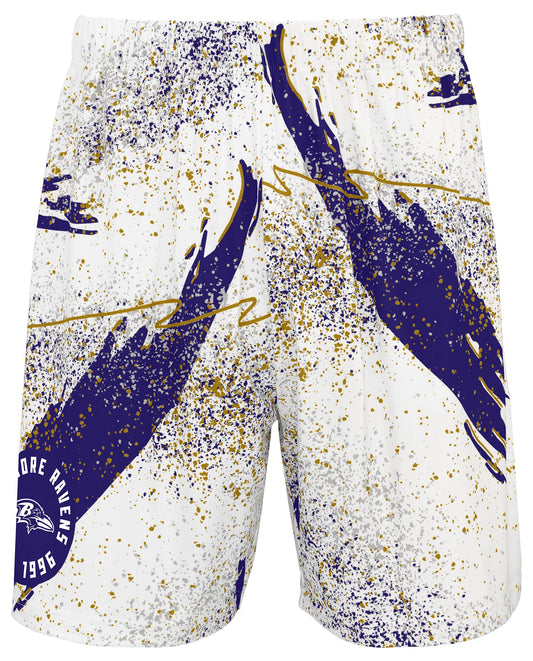 Zubaz NFL Men's 7in Confetti Overtime Block Text Shorts, Baltimore Ravens