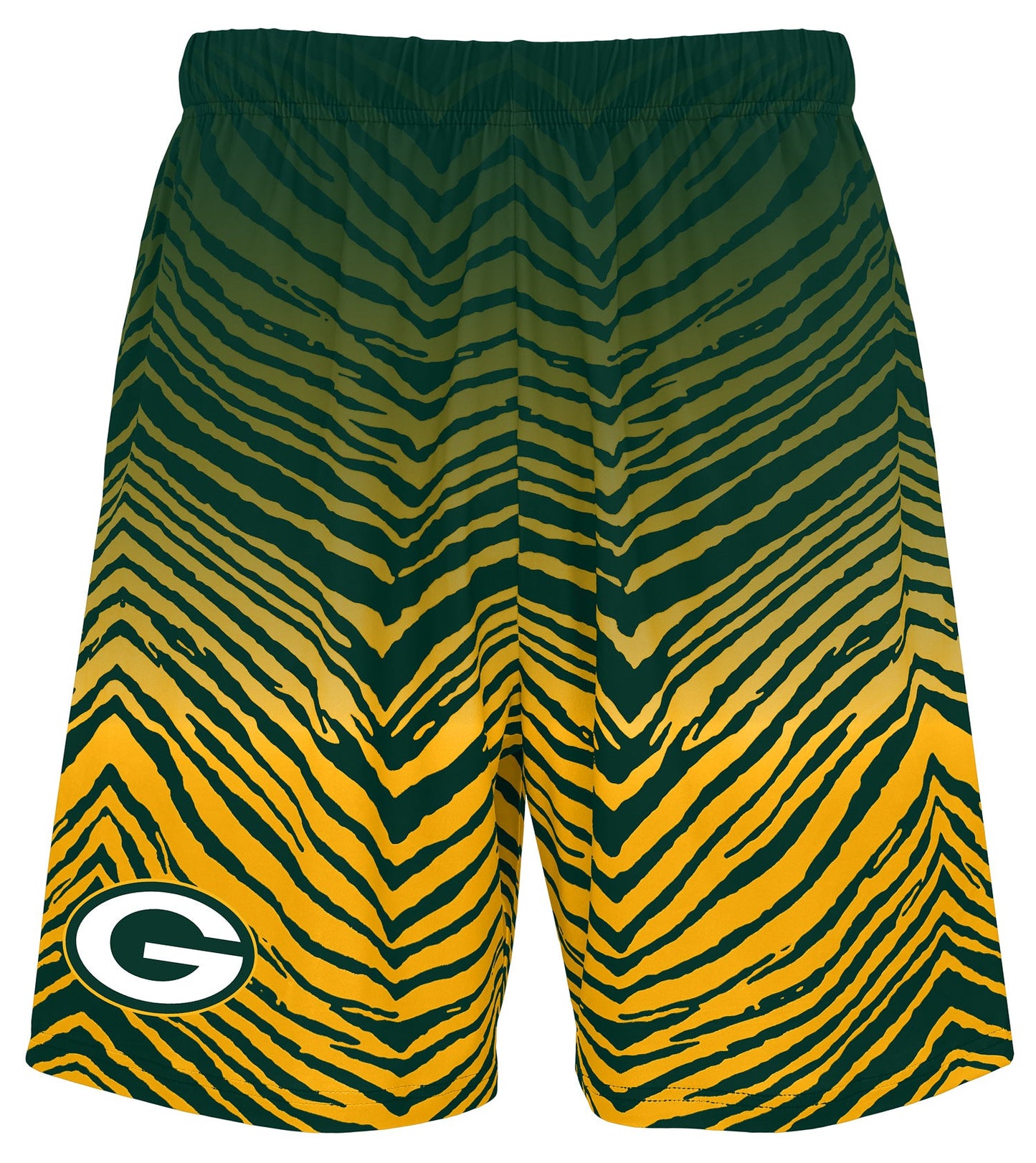 Zubaz NFL Men's 7in Fade Primary Stacked Text Shorts, Green Bay Packers