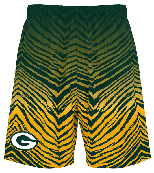 Zubaz NFL Men's 7in Fade Primary Stacked Text Shorts, Green Bay Packers