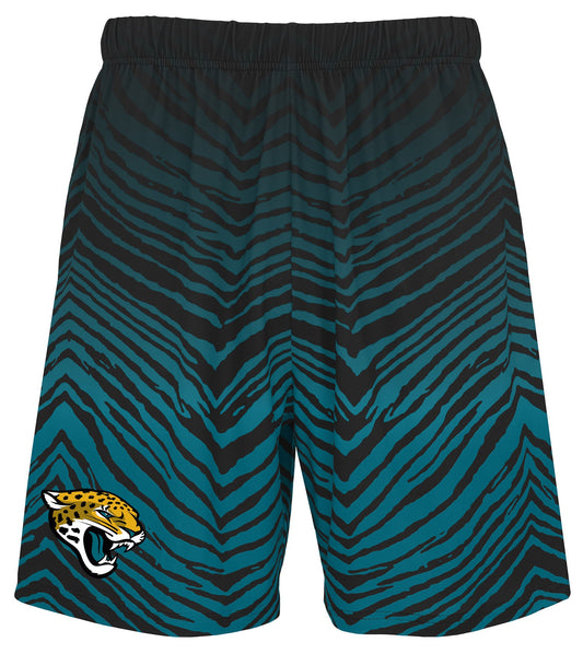 Zubaz NFL Men's 7in Fade Primary Stacked Text Shorts, Jacksonville Jaguars