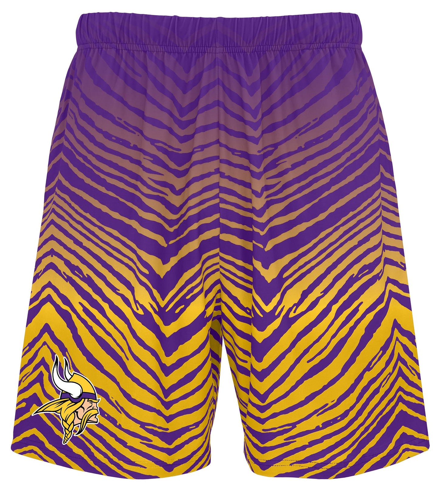 Zubaz NFL Men's 7in Fade Primary Stacked Text Shorts, Minnesota Vikings