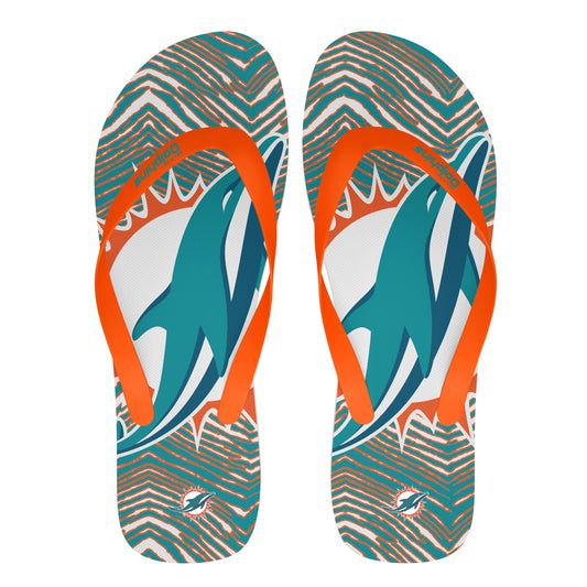 Zubaz NFL Miami Dolphins Official Zebra Print Flip Flops, Unisex Team Logo