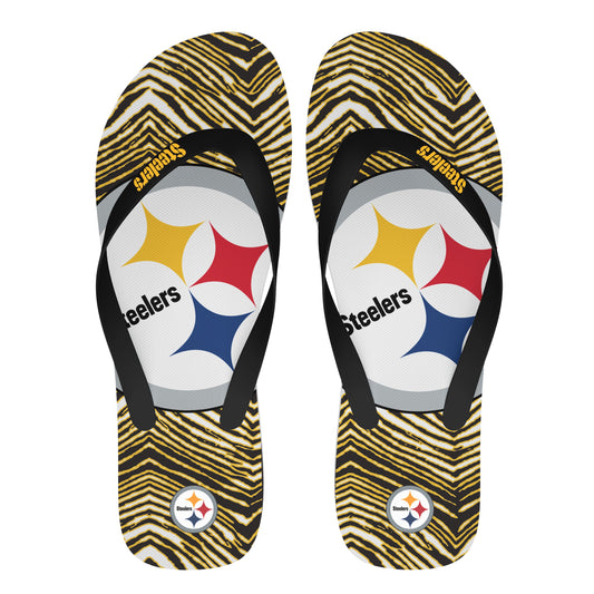 Zubaz NFL Pittsburgh Steelers Official Zebra Print Flip Flops, Unisex Team Logo