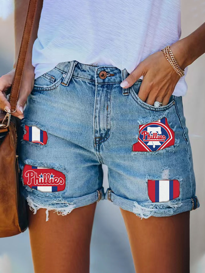 Phillies Distressed Cutoff Denim Shorts - Women