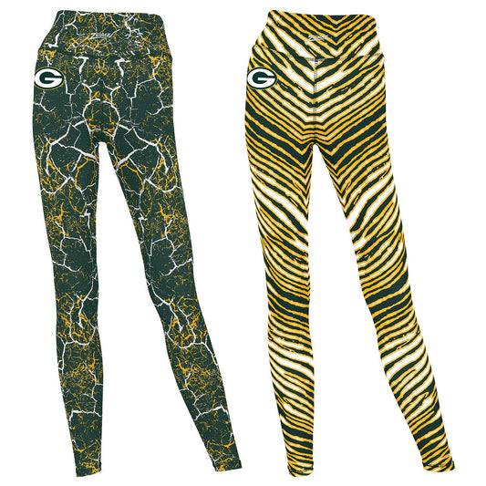 Zubaz NFL Women's 2 Pack Zebra 2 Color And Marble Leggings with Pimary Logo, Green Bay Packers