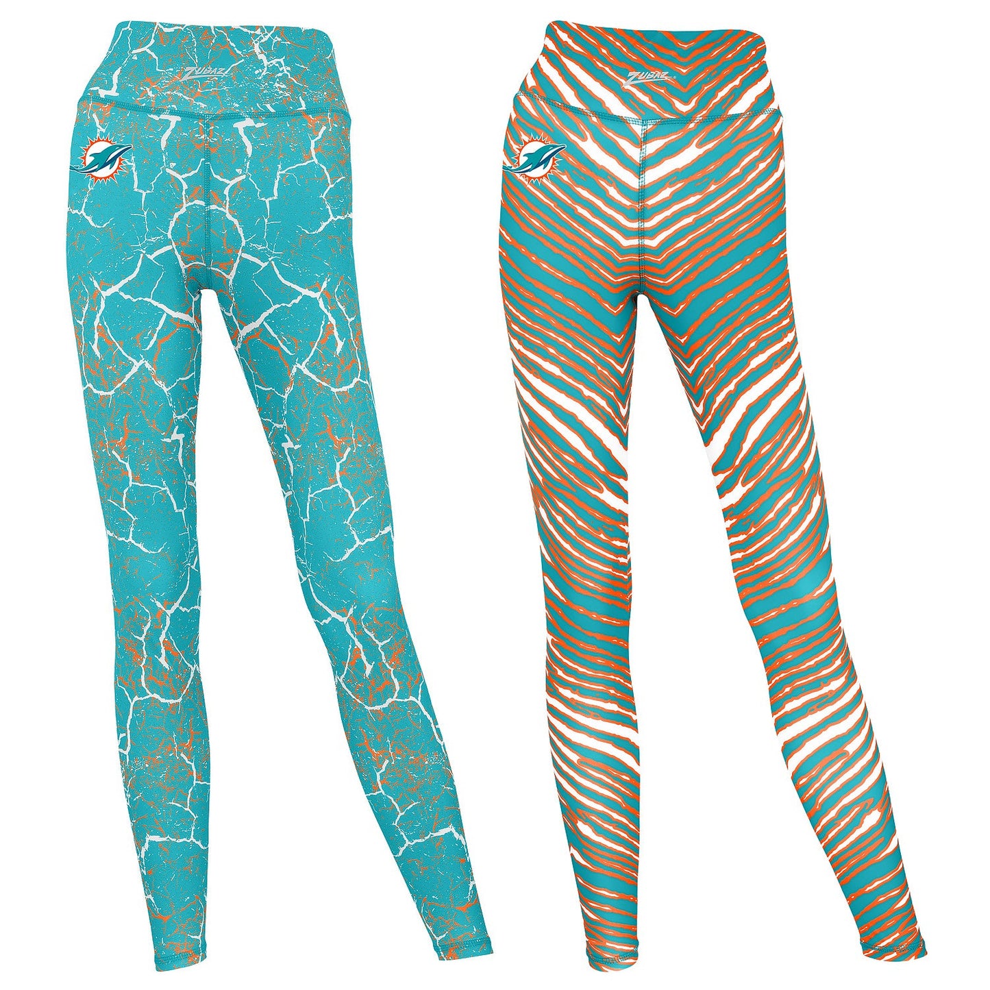 Zubaz NFL Women's 2 Pack Zebra 2 Color And Marble Leggings with Pimary Logo, Miami Dolphins