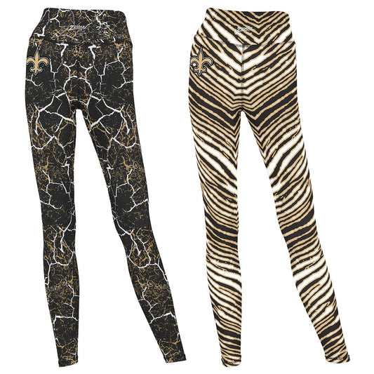 Zubaz NFL Women's 2 Pack Zebra 2 Color And Marble Leggings with Pimary Logo, New Orleans Saints