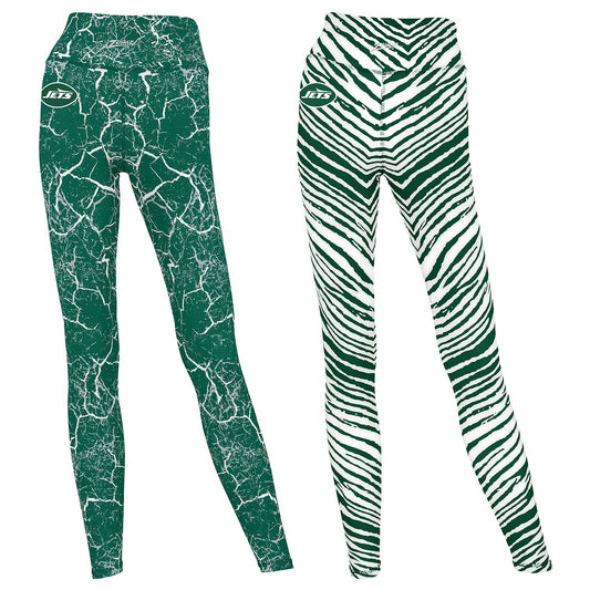 Zubaz NFL Women's 2 Pack Zebra 2 Color And Marble Leggings with Pimary Logo, New York Jets
