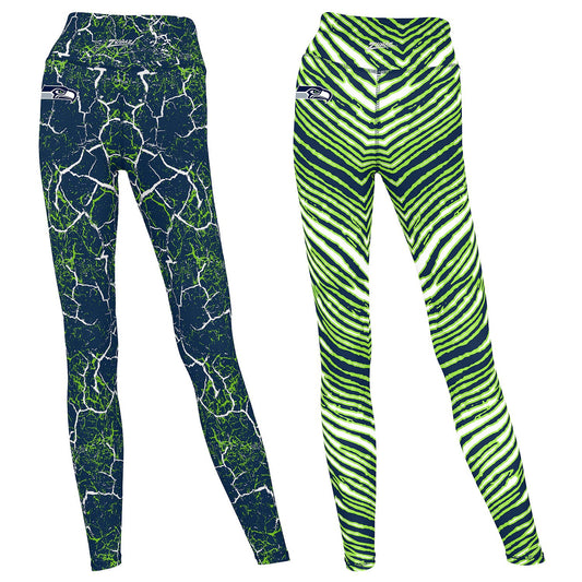 Zubaz NFL Women's 2 Pack Zebra 2 Color And Marble Leggings with Pimary Logo, Seattle Seahawks