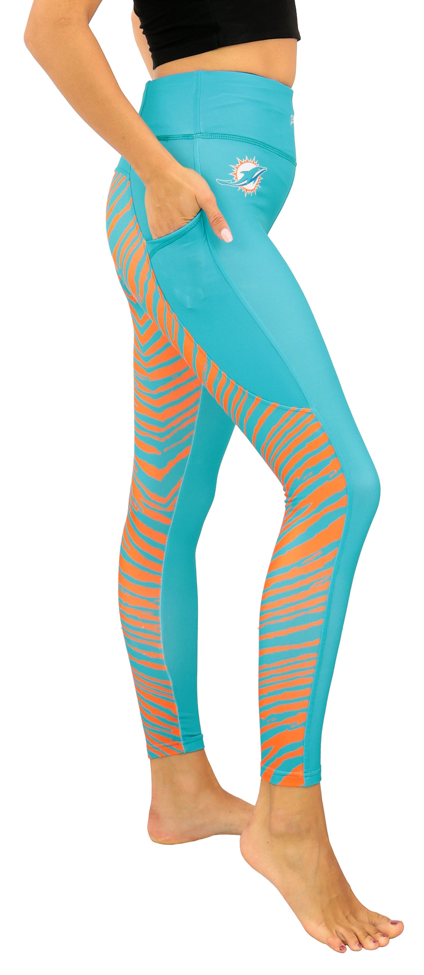 Zubaz NFL Women's 2 Color Zebra Fleece Lined Leggings, Miami Dolphins