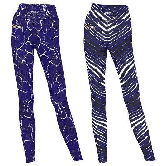 Zubaz NFL Women's 2 Pack Zebra 2 Color And Marble Leggings with Pimary Logo, Baltimore Ravens