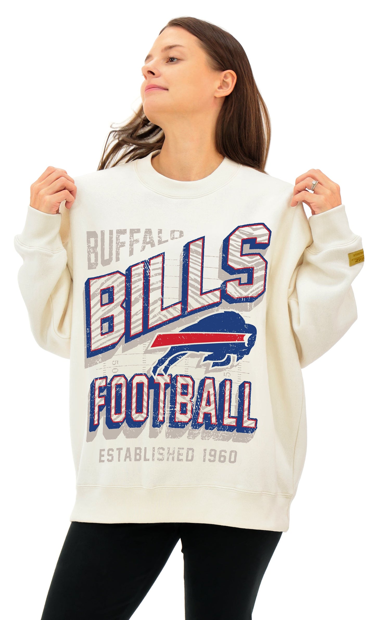 Zubaz NFL  UNISEX 90s Vintage Shadow Drop Shoulder Crewneck- Off White, BUFFALO BILLS