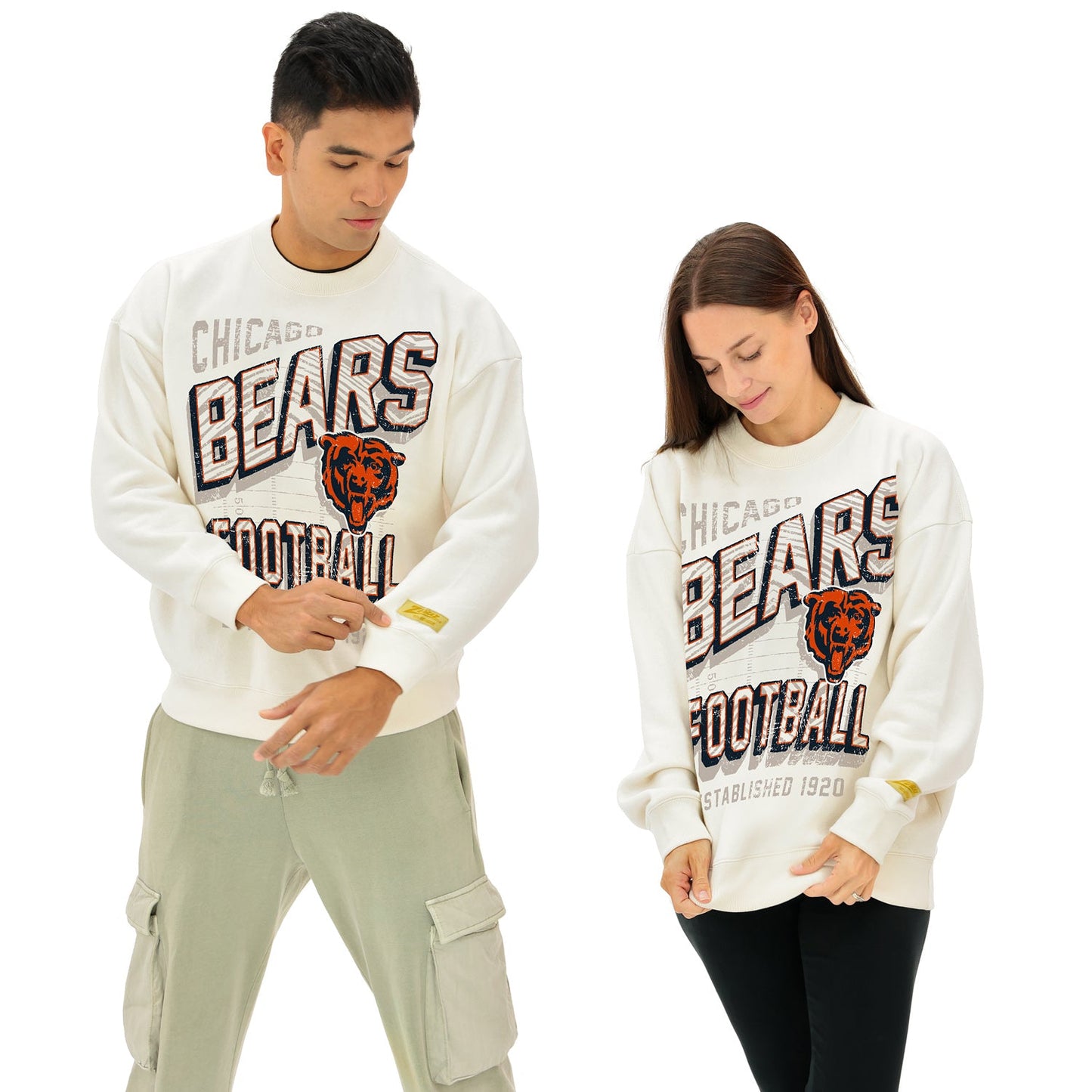 Zubaz NFL  UNISEX 90s Vintage Shadow Drop Shoulder Crewneck- Off White, CHICAGO BEARS