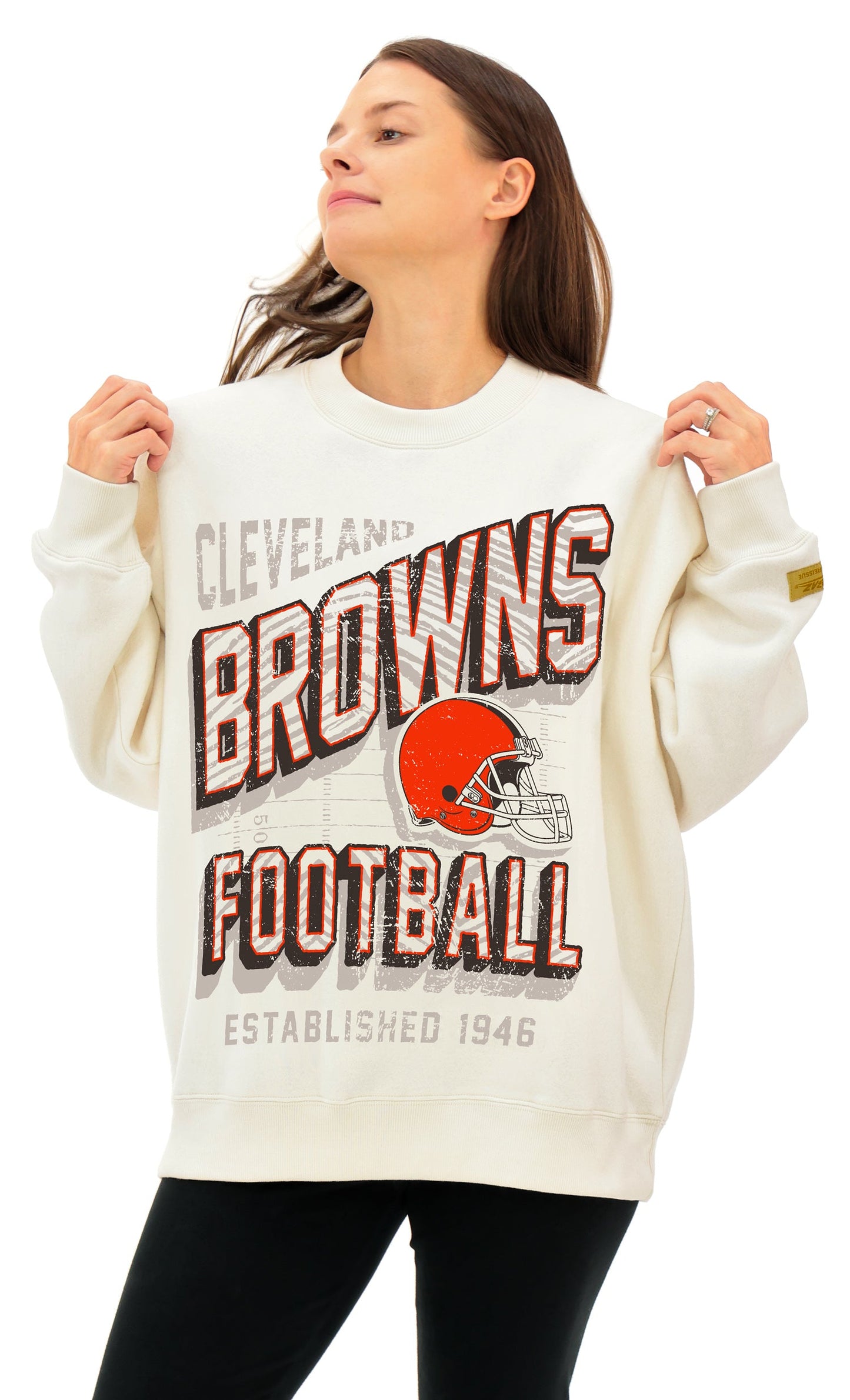 Zubaz NFL  UNISEX 90s Vintage Shadow Drop Shoulder Crewneck- Off White, CLEVELAND BROWNS