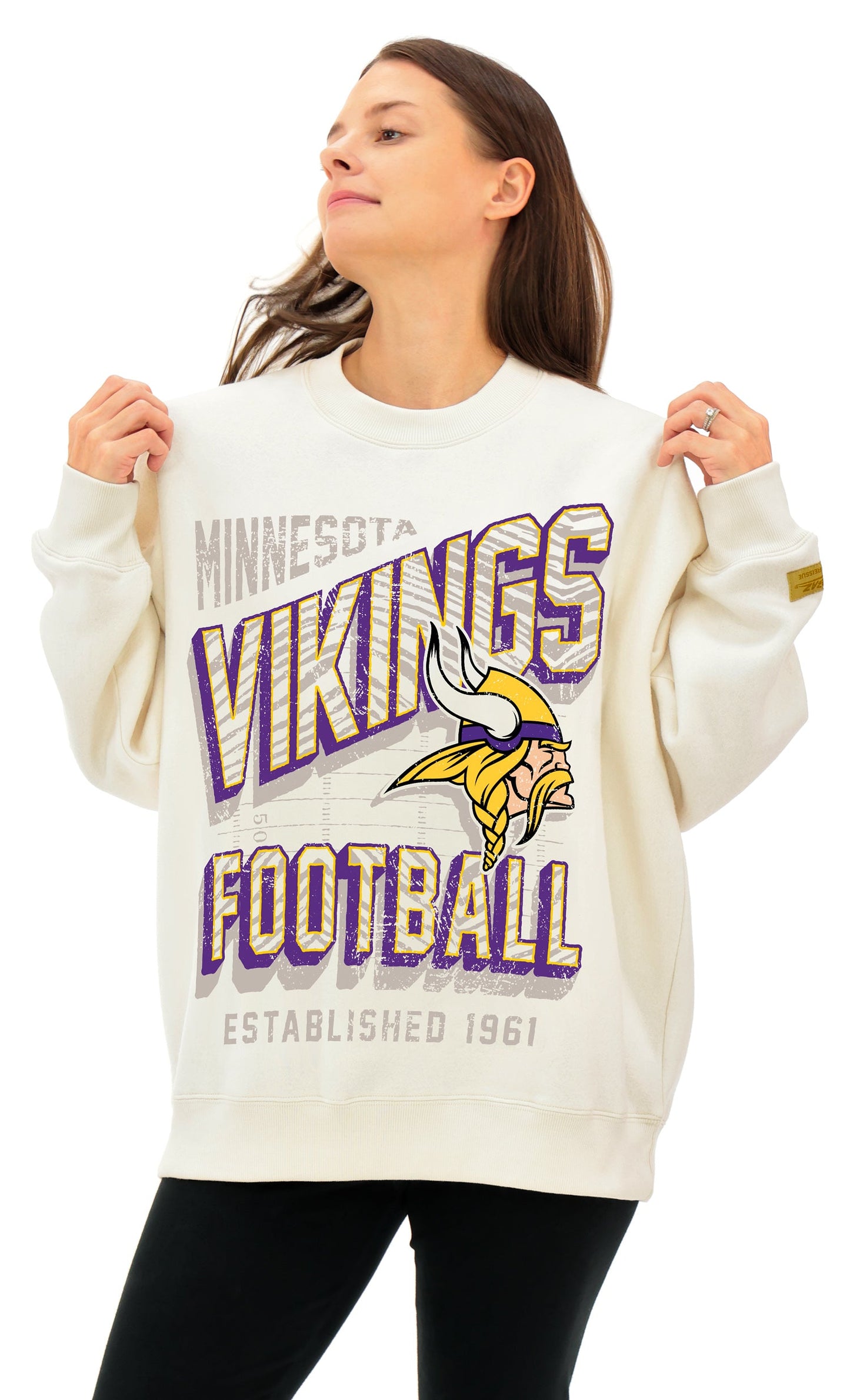 Zubaz NFL  UNISEX 90s Vintage Shadow Drop Shoulder Crewneck- Off White, MINNESOTA VIKINGS