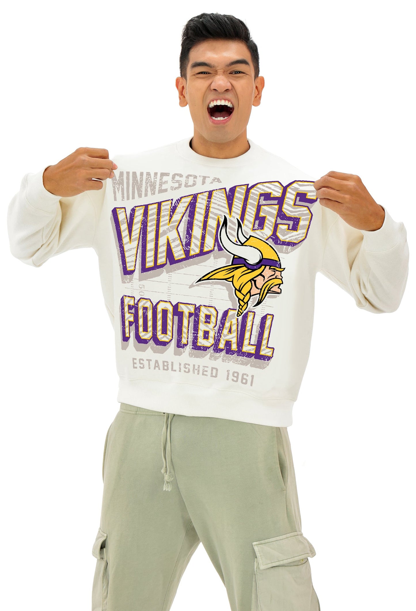 Zubaz NFL  UNISEX 90s Vintage Shadow Drop Shoulder Crewneck- Off White, MINNESOTA VIKINGS