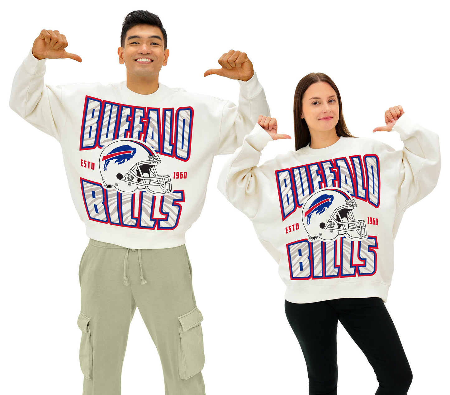 Zubaz NFL  UNISEX 90s Helmet Drop Shoulder Crewneck -Off White, BUFFALO BILLS
