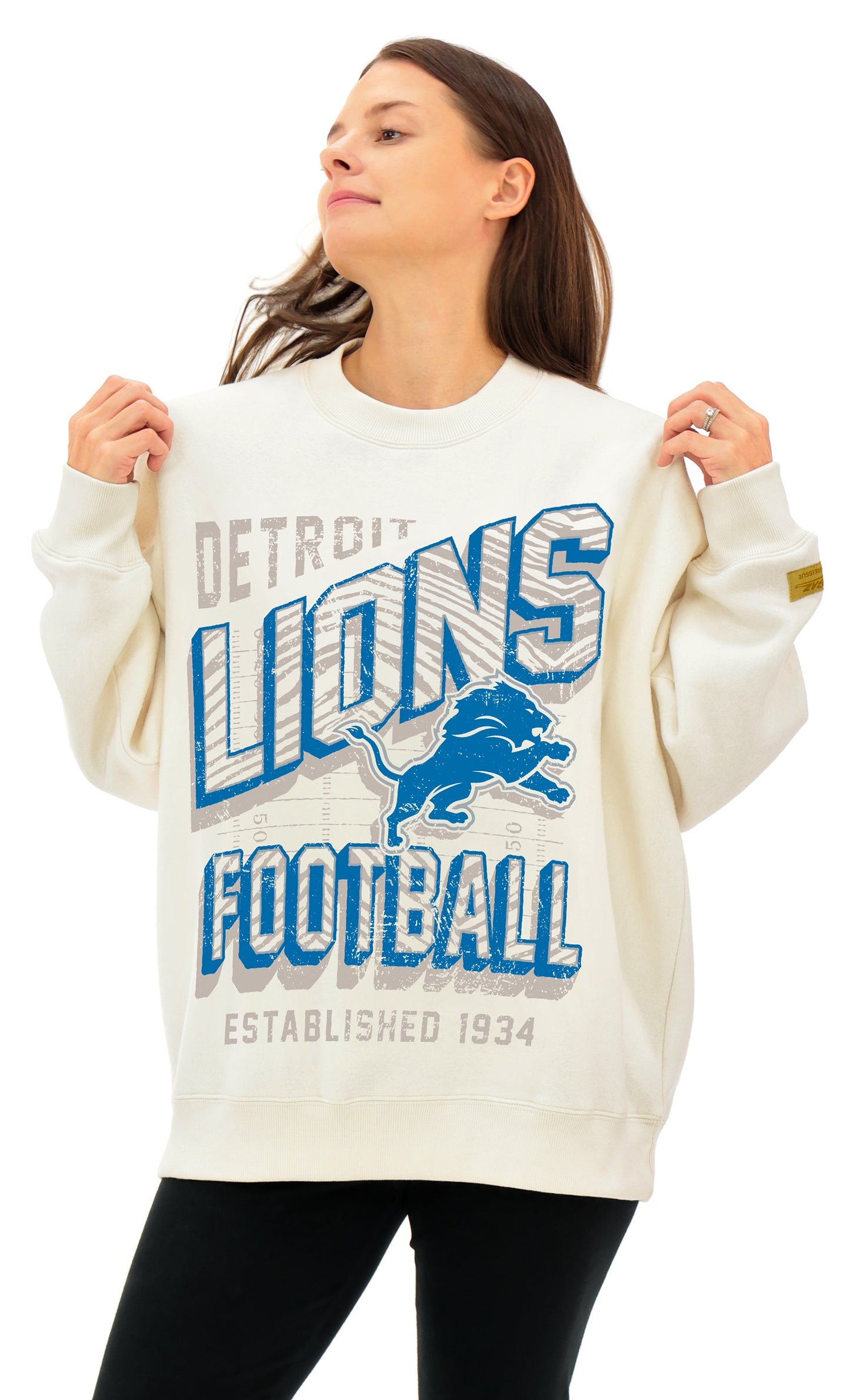 Zubaz NFL  UNISEX 90s Vintage Shadow Drop Shoulder Crewneck- Off White, DETROIT LIONS