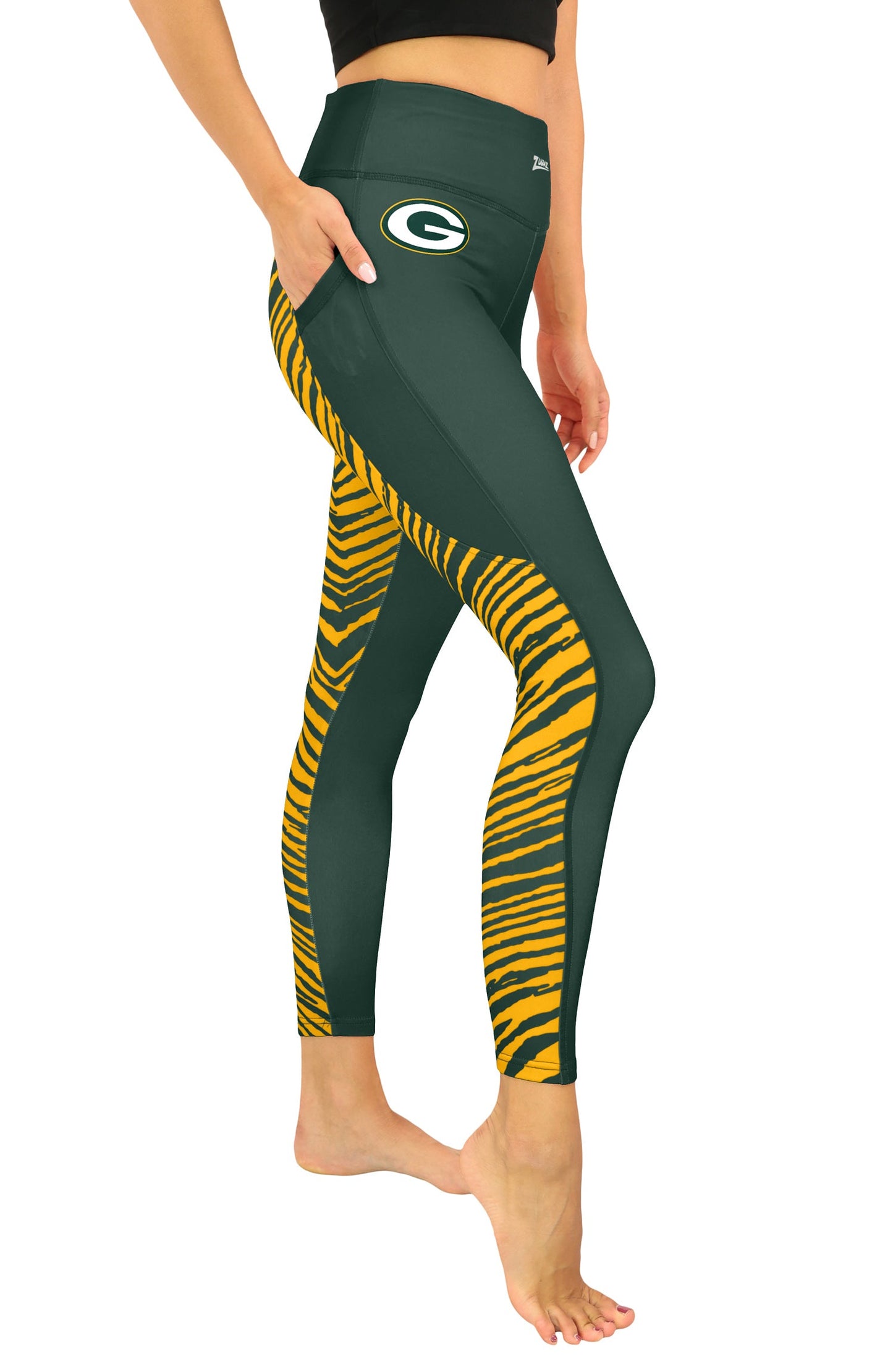 Zubaz NFL Women's 2 Color Zebra Fleece Lined Leggings, Green Bay Packers