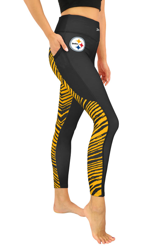 Zubaz NFL Women's 2 Color Zebra Fleece Lined Leggings, Pittsburgh Steelers