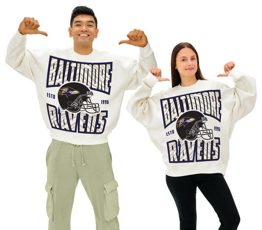 Zubaz NFL  UNISEX 90s Helmet Drop Shoulder Crewneck -Off White, BALTIMORE RAVENS